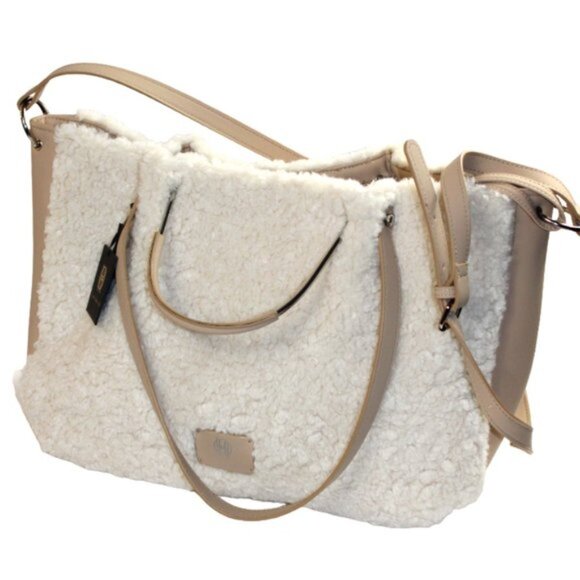 House Of Harlow 1960 Tan Cream Sherpa Shearling Detachable Wristlet Jumbo Tote - Picture 5 of 13